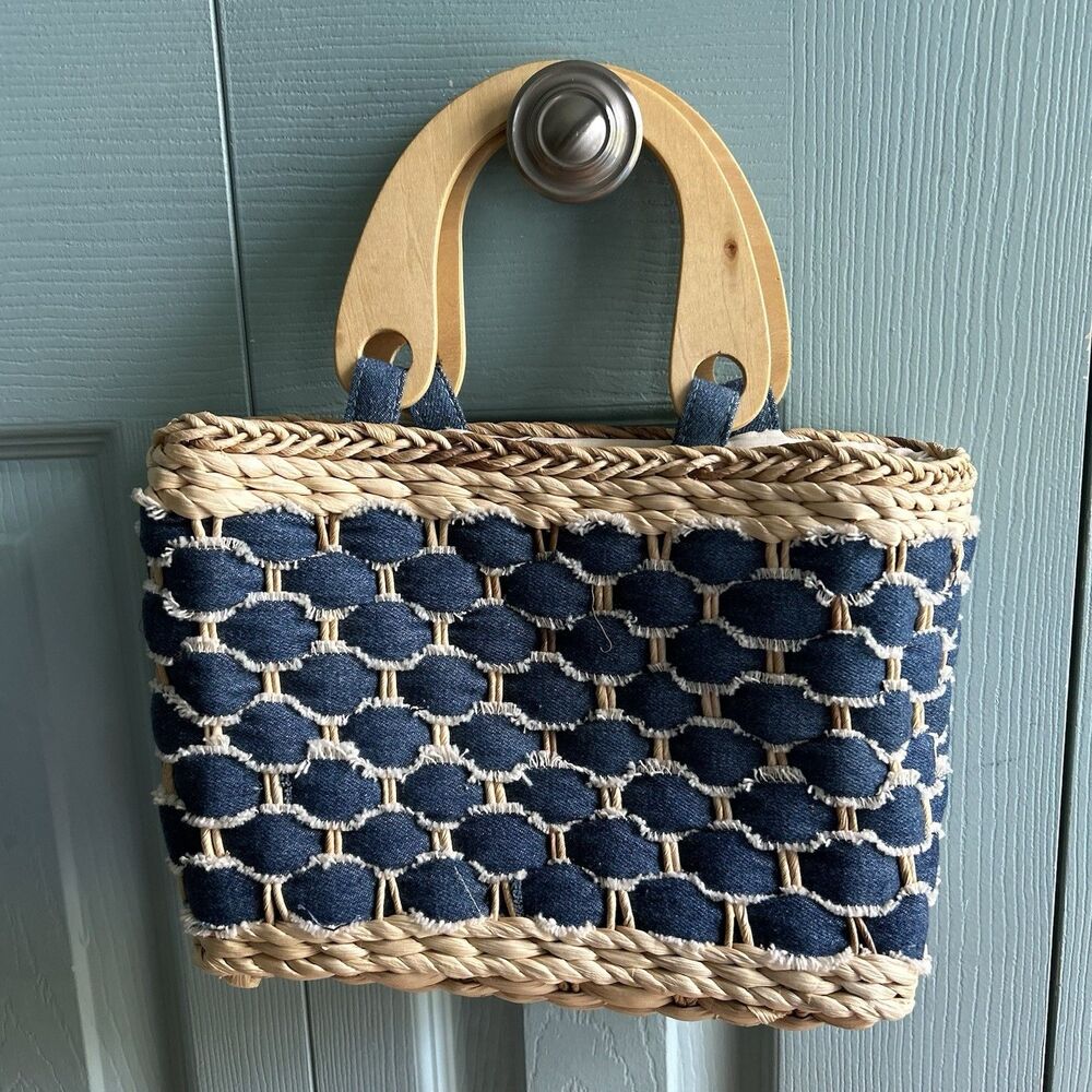 Faded Glory Woven Paper & Denim Mini Purse Wood Handle